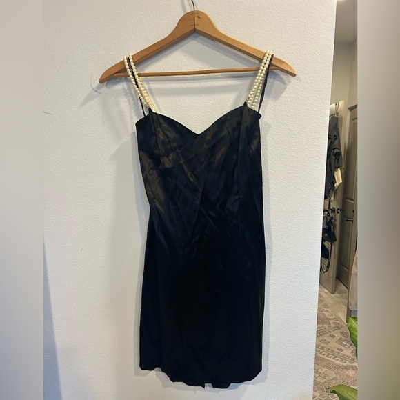Vintage Rampage 90s Y2K Black Satin Slip Dress Pearl Straps Cocktail - Picture 1 of 7